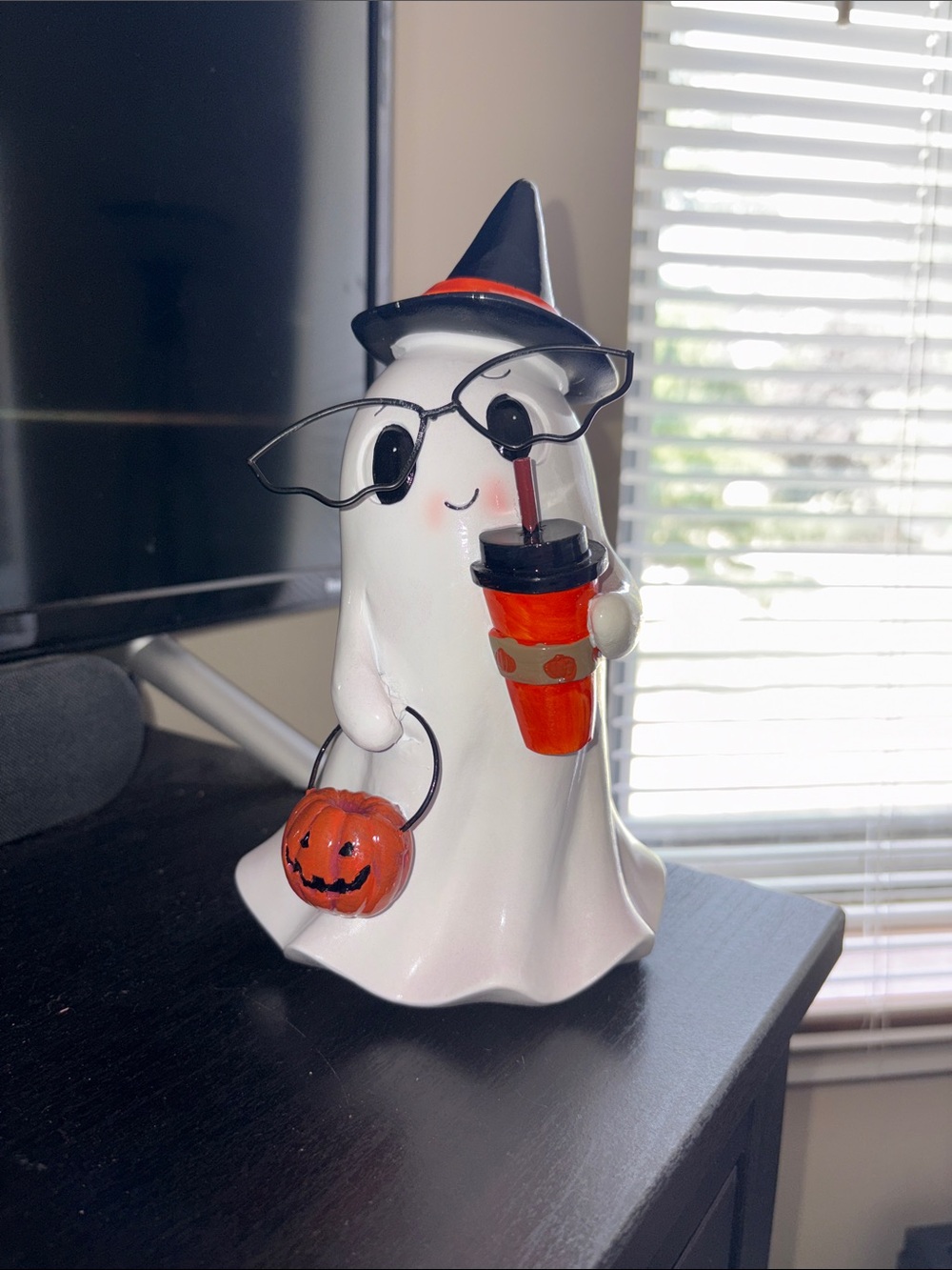 Cute Ceramic Halloween Ghost Figurine with Pumpkin and Coffee